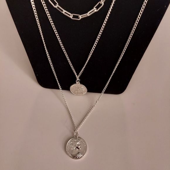 Silver tone Layered Look Necklace with Coins - Picture 3 of 7